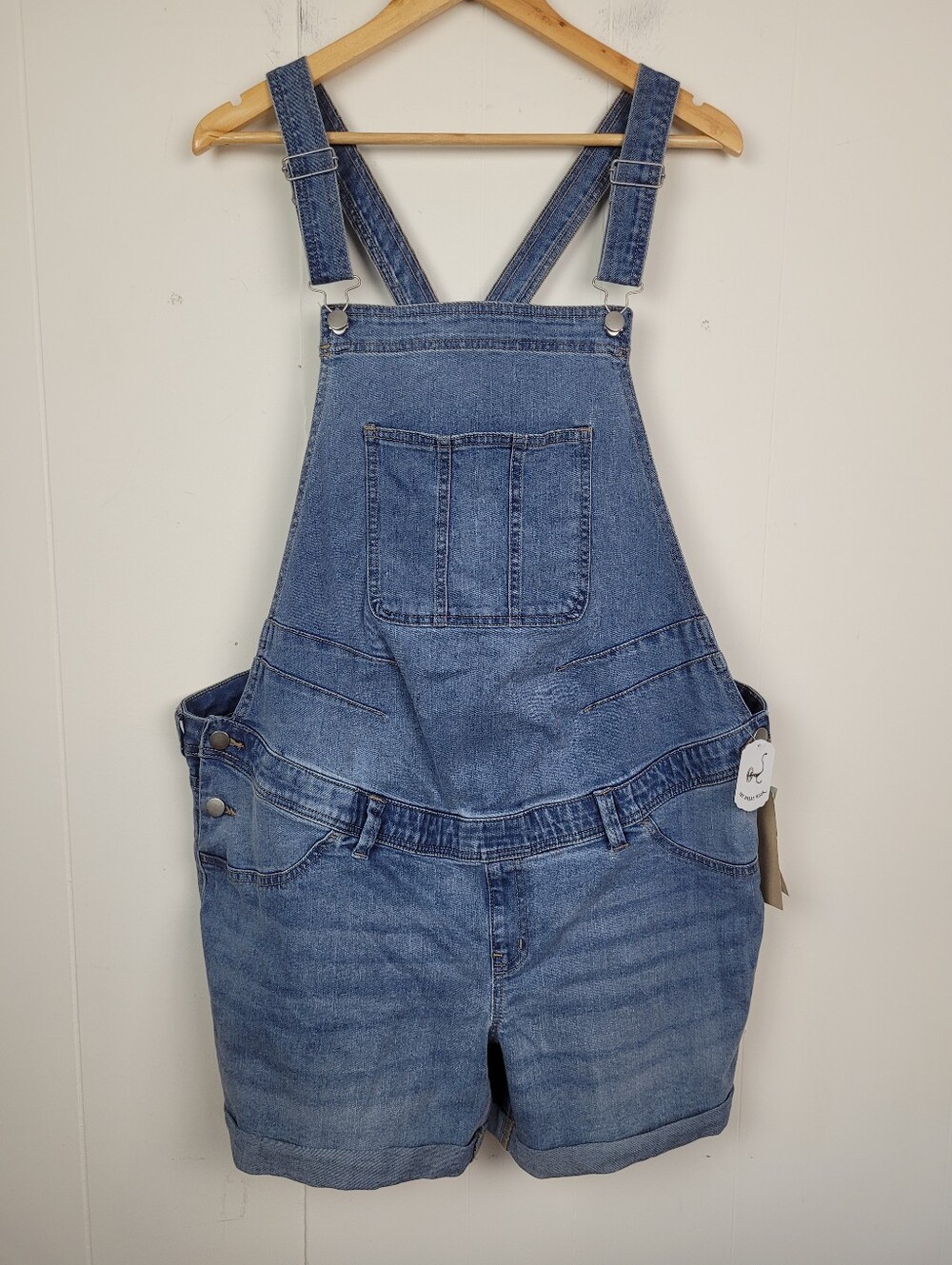 Paisley Sky XL Maternity Denim Short Overalls NWT